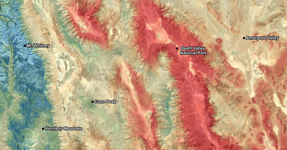 NASA ECOSTRESS land-surface-temperature map of Death Valley, California, showing extreme summer heat