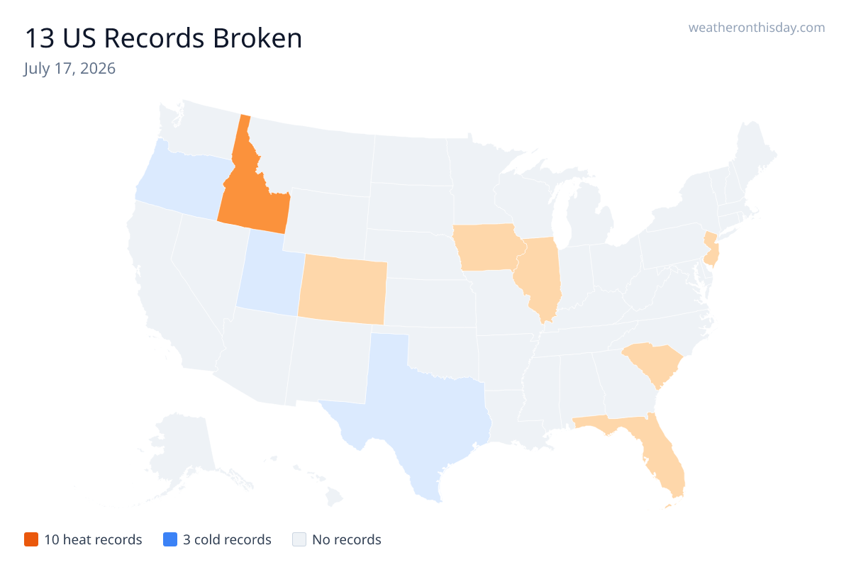 US map of daily heat and cold weather records broken by state, updated daily from NOAA data